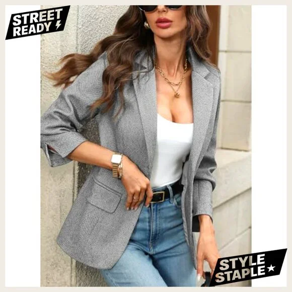 Slim Fit Herringbone Tweed Blazer with Flap Pockets for Business Casual - Picture 3 of 7